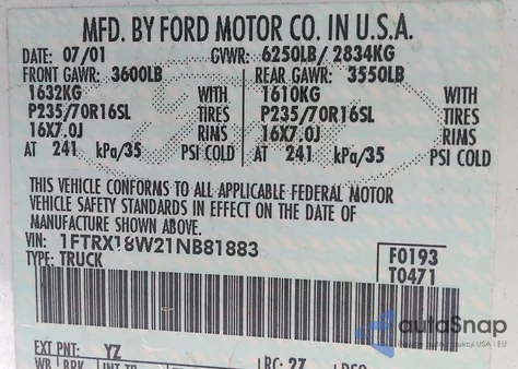 2001 Ford F-150 Xlt/Lariat/Xl from USA, damaged, VIN 1FTRX18W21NB81883